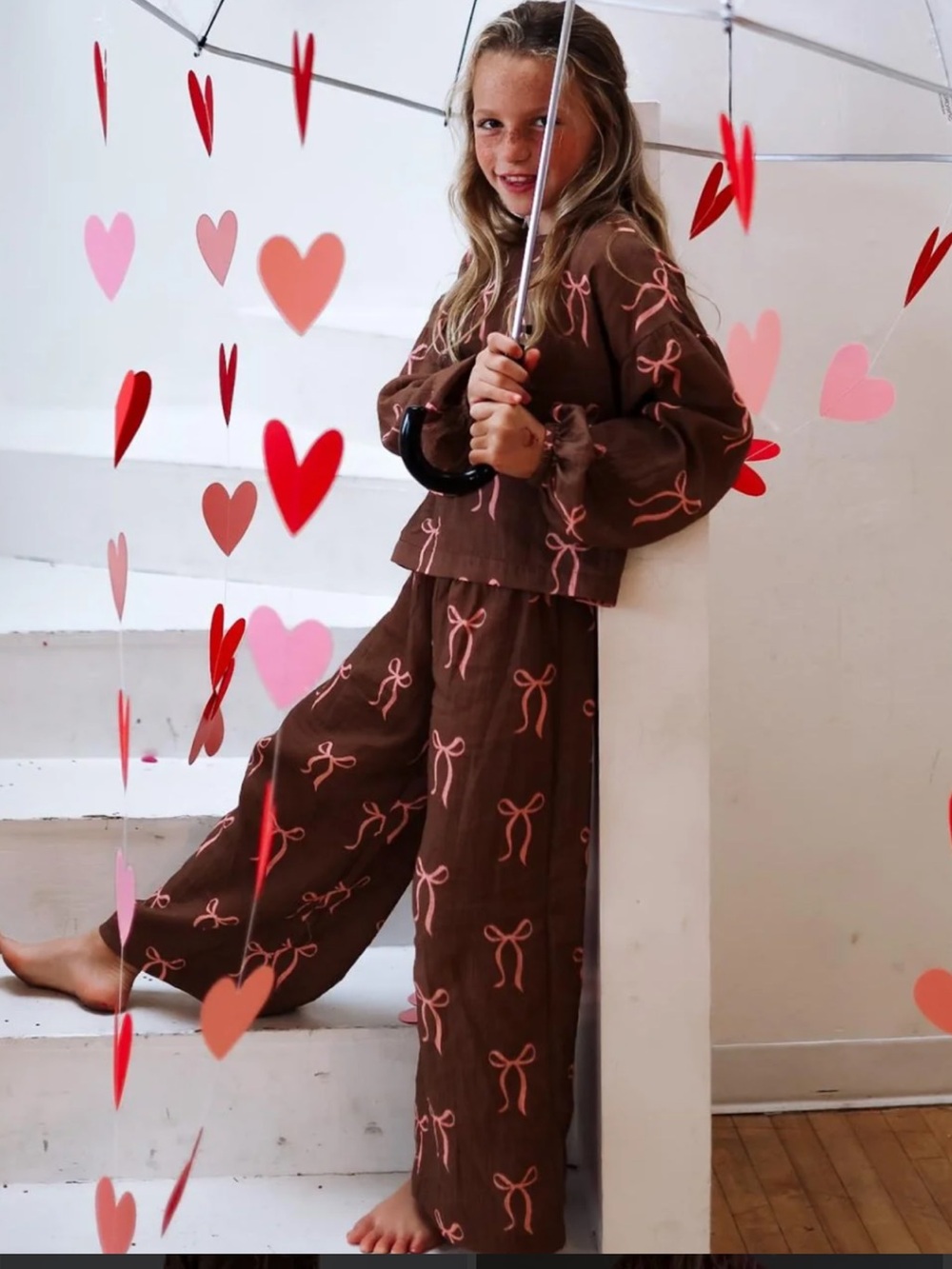 Girls Maya 2 Piece Set Brown & Pink Bow Outfit Wide Leg Pants Long Puff Sleeves